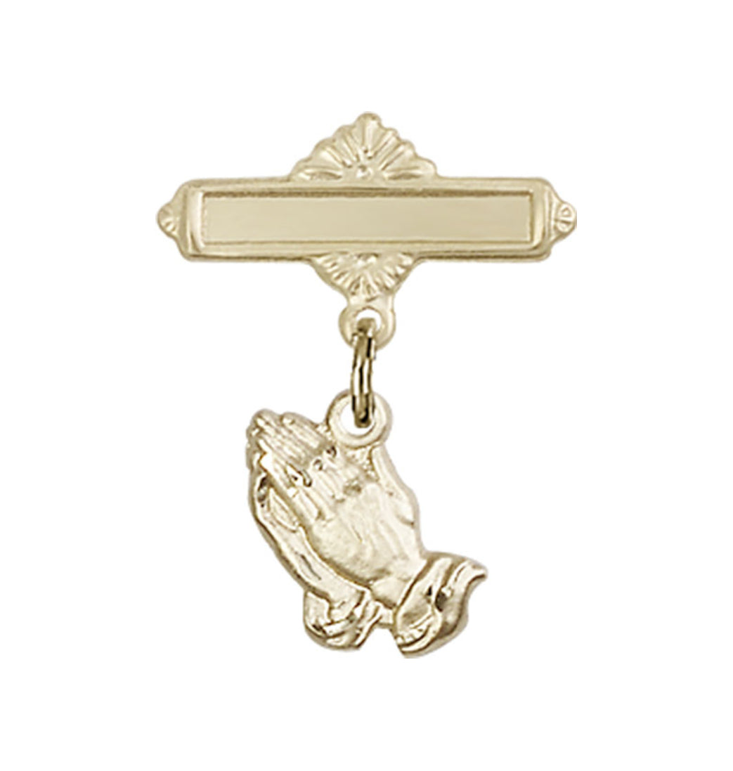 14kt Gold Bliss Baby Bar Pin w/Praying Hands Charm/Engravable Polished Badge,