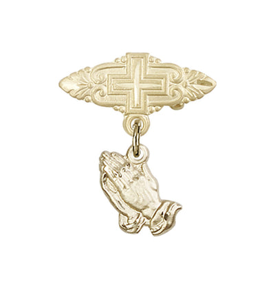 14kt Gold Mfg Baby Bar Pin w/Praying Hands Charm and Badge with Cross, Bliss Manufacturing