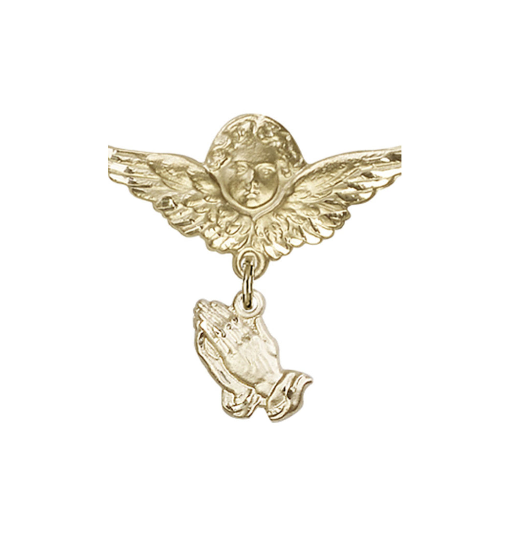 14kt Gold Baby Bar w/Praying Hands Charm and Angel w/Wings Badge Pin,