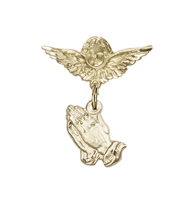 Baby Bar Pin w/Praying Hands Charm w/Small Wings 14kt Gold Badge, Bliss Manufacturing