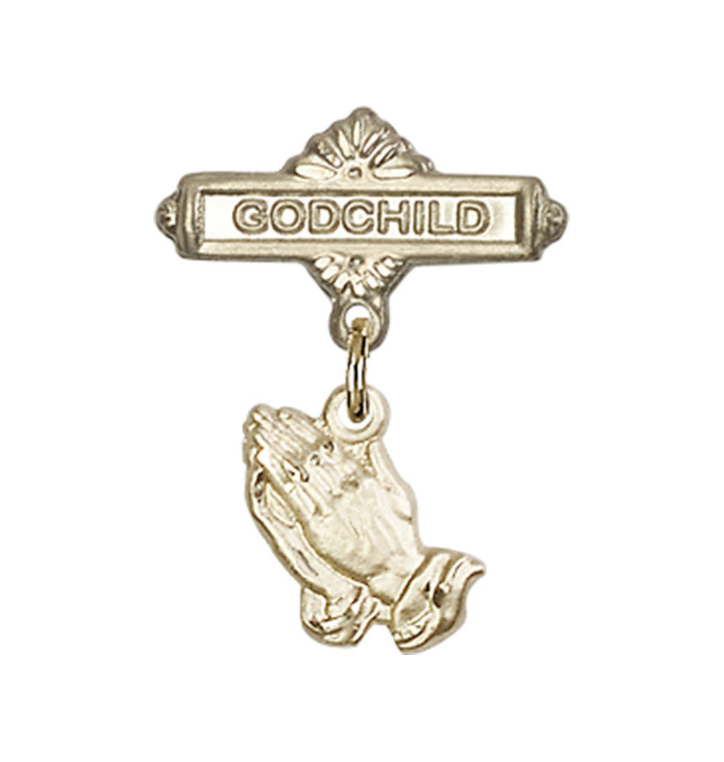 14kt Gold Bliss Baby Bar Pin w/Praying Hands Charm and Godchild Badge,