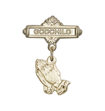 14kt Gold Baby Bar Pin w/Praying Hands Charm and Godchild Badge, Bliss Manufacturing