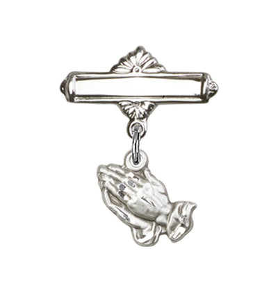 Sterling Silver Baby Bar Pin w/Praying Hands Charm/Engravable Polished Badge, Bliss Manufacturing