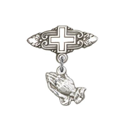 Sterling Silver Mfg Baby Bar Pin w/Praying Hands Charm and Badge with Cross, Bliss Manufacturing