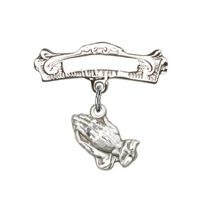 Sterling Silver Baby Praying Hands Charm w/Engravable Arched Polished Badge Pin, Bliss Manufacturing