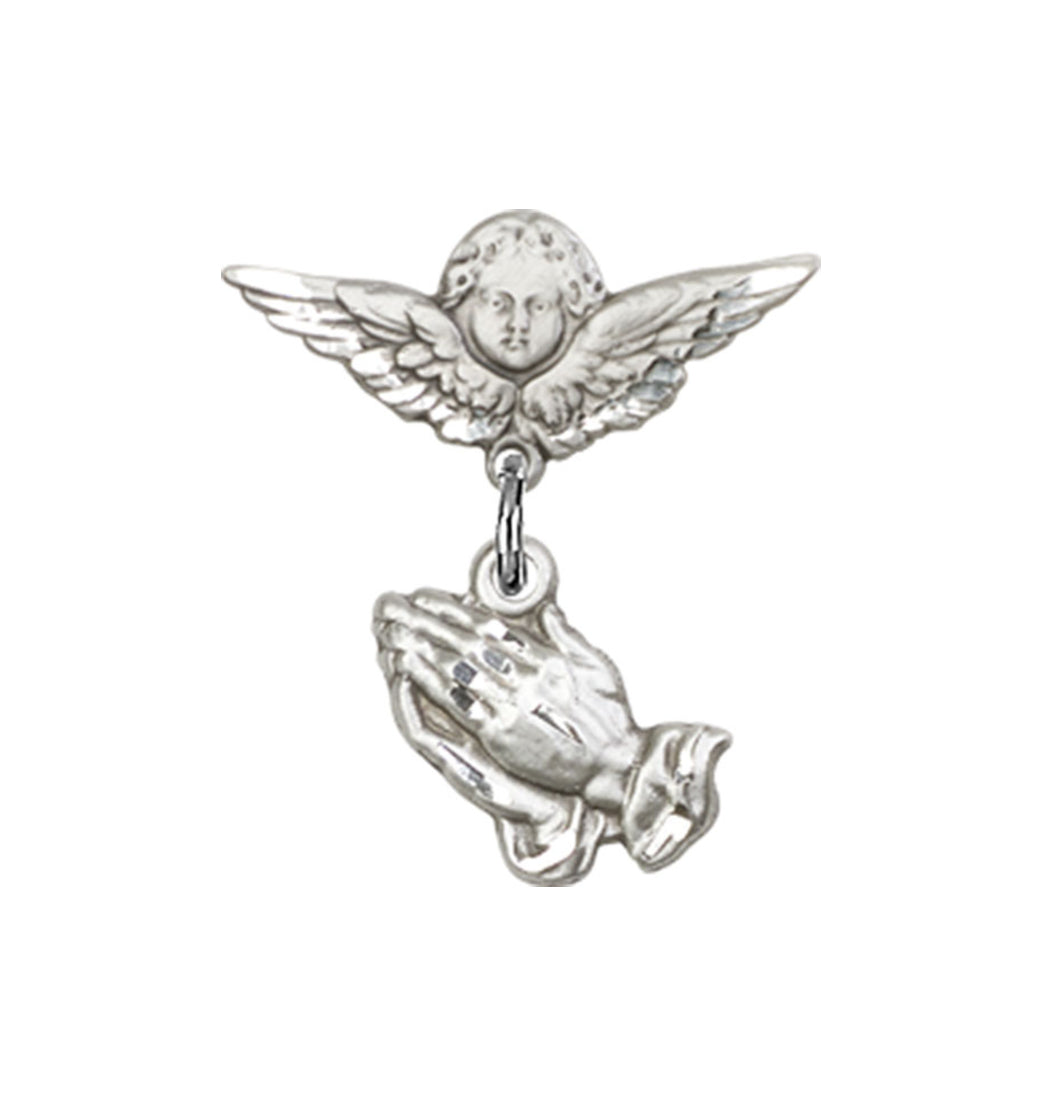 Bliss Baby Bar Pin w/Praying Hands Charm w/Small Wings Sterling Silver Badge