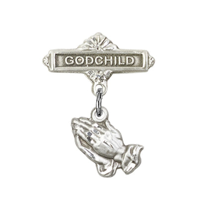 Sterling Silver Baby Bar Pin w/Praying Hands Charm and Godchild Badge, Bliss Manufacturing