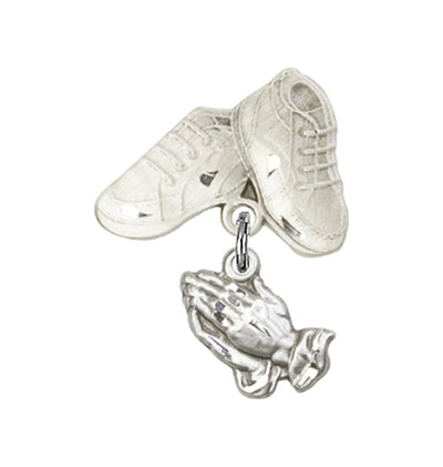 Sterling Silver Mfg Baby Bar Pin w/Praying Hands Charm and Baby Boots, Bliss Manufacturing