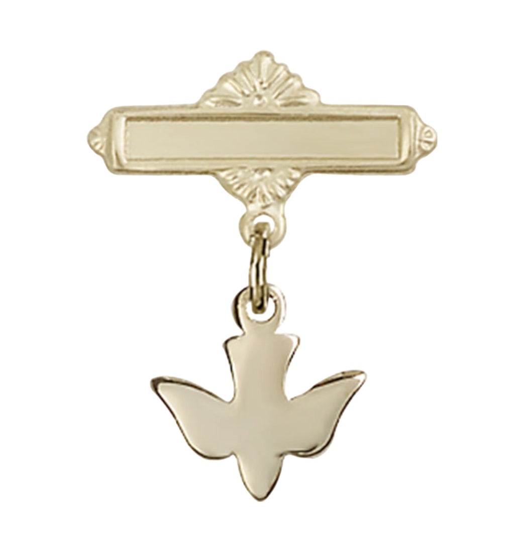 Bliss Gold Filled Baby Badge with Holy Spirit Charm and Polished Badge Pin,