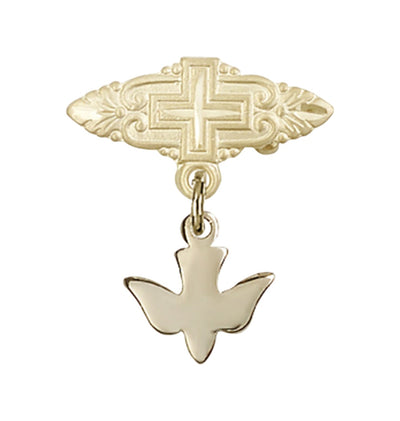 Gold Filled Baby Badge with Holy Spirit Charm and Badge Pin with Cross, Bliss Manufacturing