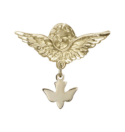 Gold Filled Baby Badge with Holy Spirit Charm and Angel w/Wings Badge Pin, Bliss Manufacturing