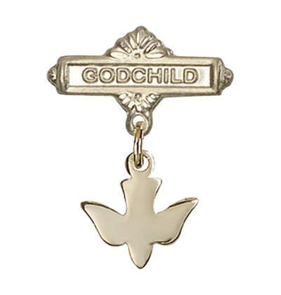 Gold Filled Baby Badge with Holy Spirit Charm and Godchild Badge Pin, Bliss Manufacturing