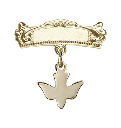 14kt Gold Baby Badge with Holy Spirit Charm and Arched Polished Badge Pin, Bliss Manufacturing