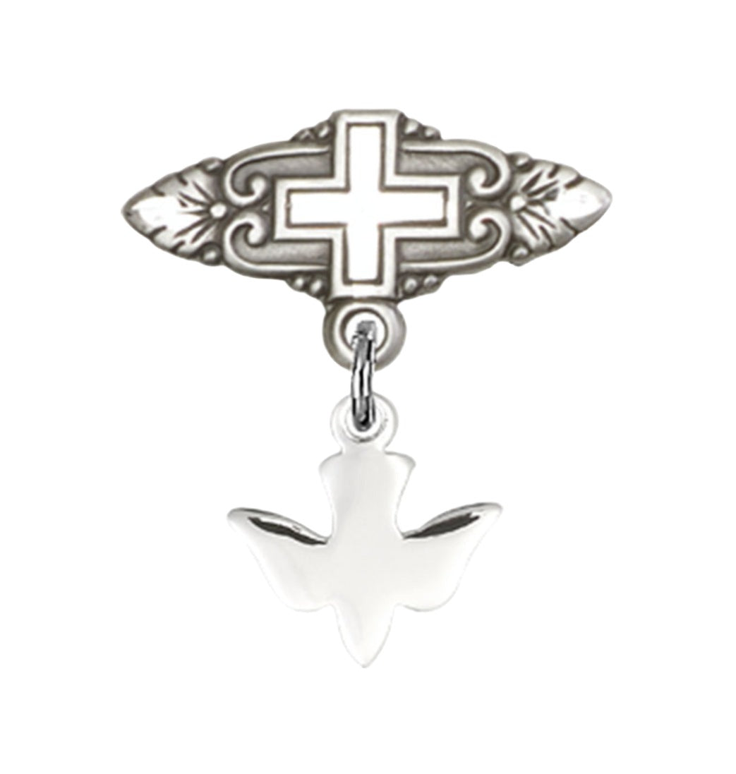 Bliss Sterling Silver Baby Badge with Holy Spirit Charm and Badge Pin with Cross