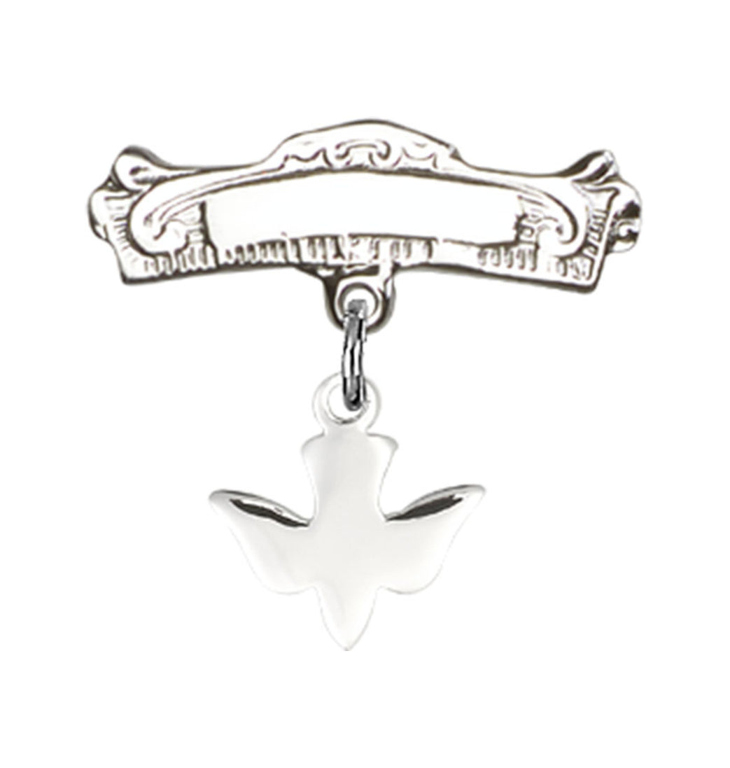 Bliss Sterling Silver Baby Badge with Holy Spirit Charm and Arched Polished Badge Pin,