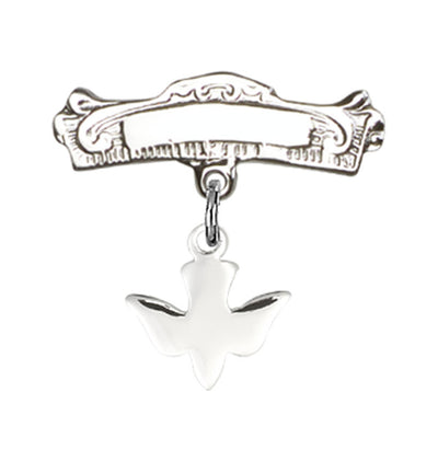 Sterling Silver Baby Badge with Holy Spirit Charm and Arched Polished Badge Pin, Bliss Manufacturing