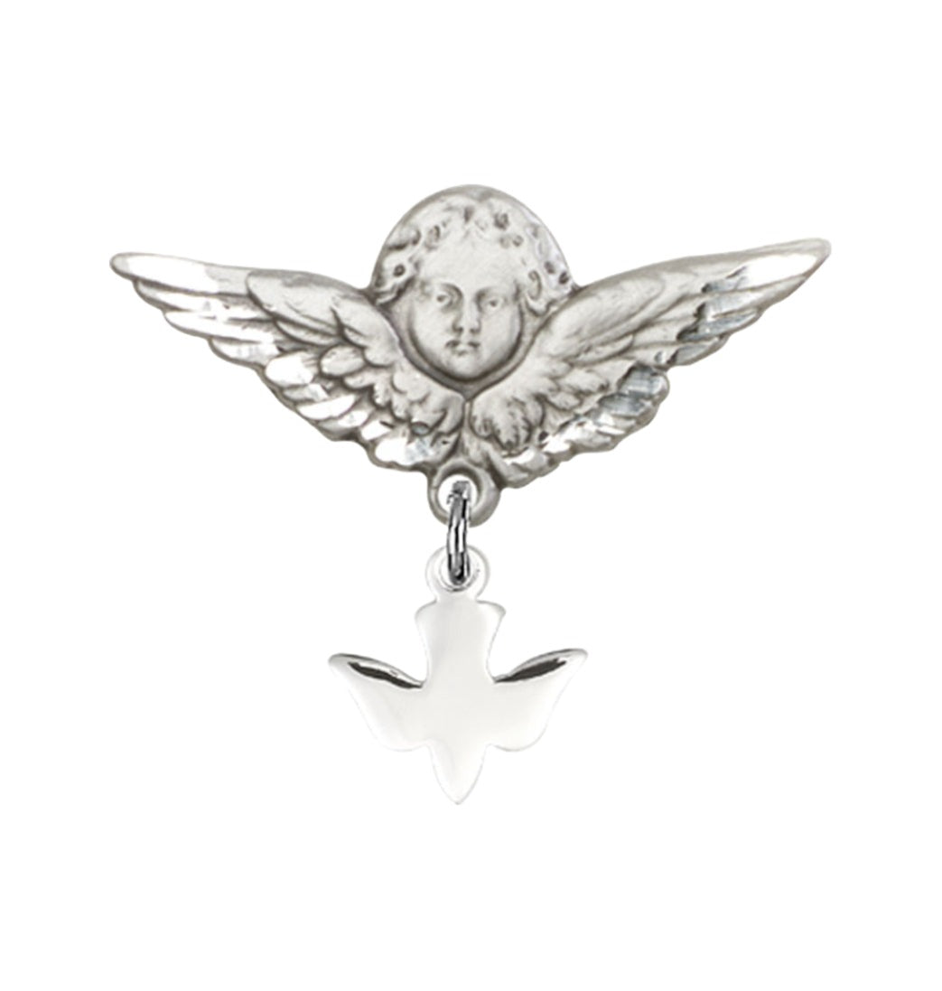 Bliss Sterling Silver Baby Badge with Holy Spirit Charm and Angel w/Wings Badge Pin,