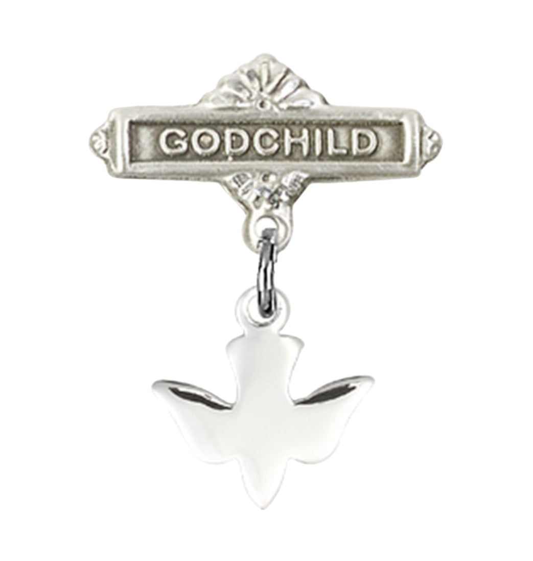 Bliss Sterling Silver Baby Badge with Holy Spirit Charm and Godchild Badge Pin,