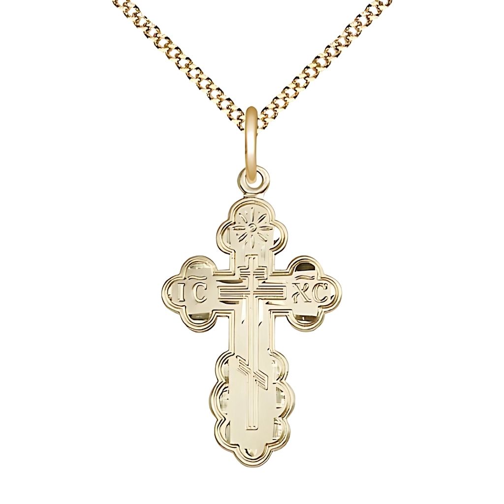 Bliss St. Olga Cross 14kt Gold Medal Necklace with 14kt Gold Chain, Medal Measures 1 1/8-inch tall by 5/8-inch wide