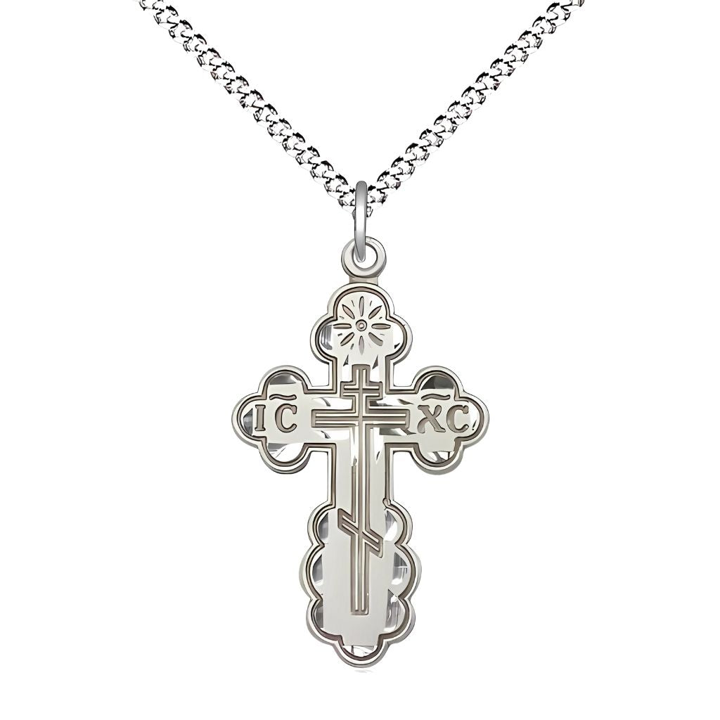 Bliss St. Olga Cross Sterling Silver Medal Necklace with Plated Chain, Medal Measures 1 1/8-inch tall by 5/8-inch wide