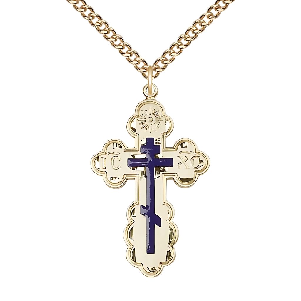 Bliss St. Olga Blue Cross 14kt Gold-filled Medal Necklace with Gold-filled Heavy Curb Chain, 1 3/8-inch tall,