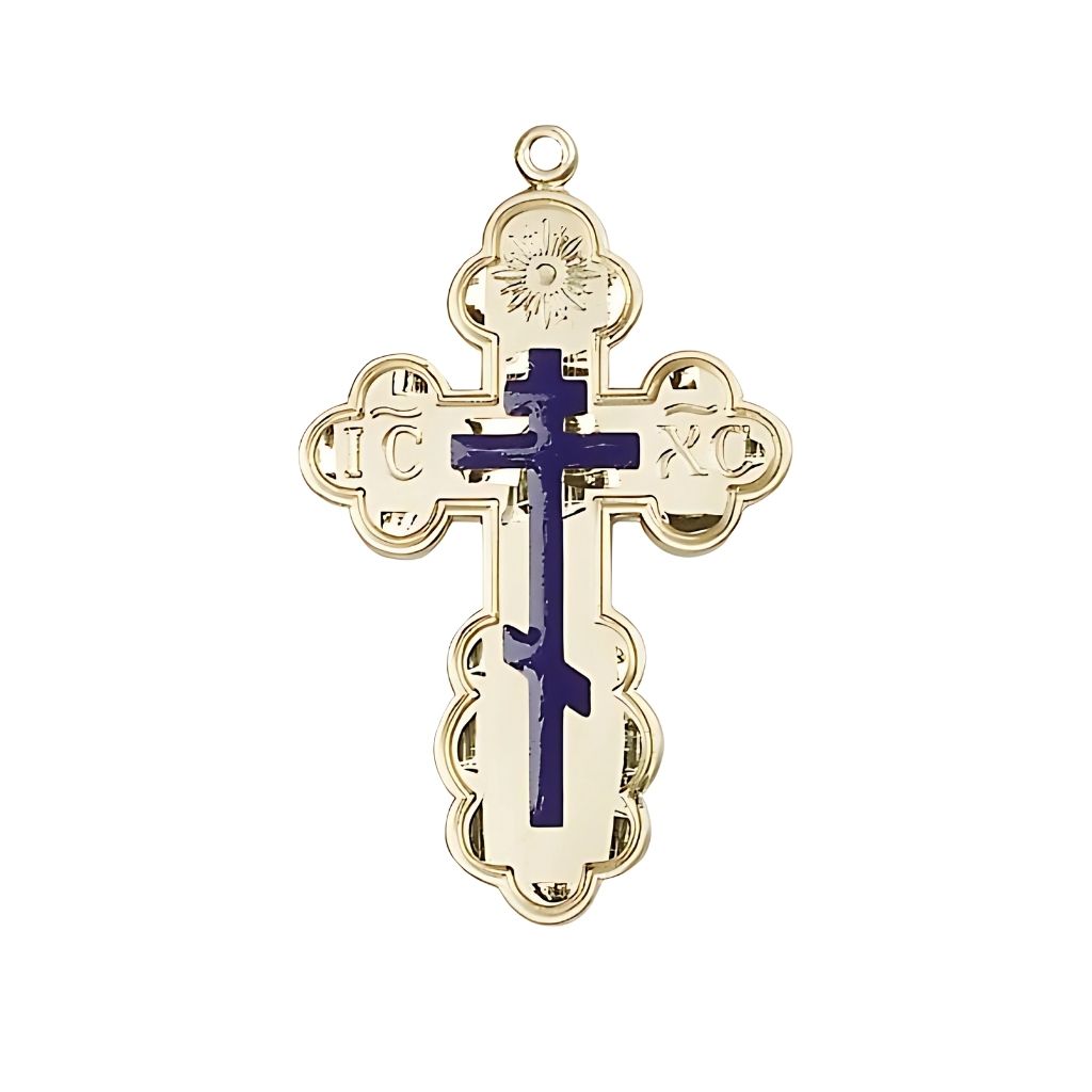 Bliss St. Olga Blue Cross 14kt Gold Medal, 1 3/8-inch tall,
