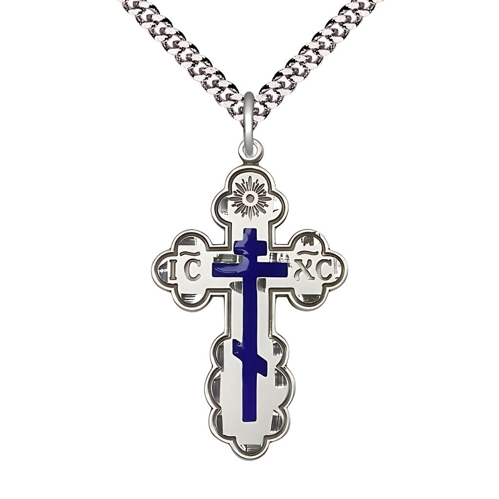 Bliss St. Olga Blue Cross Sterling Silver Medal Necklace with Rhodium-plated Heavy Curb Chain, 1 3/8-inch tall,