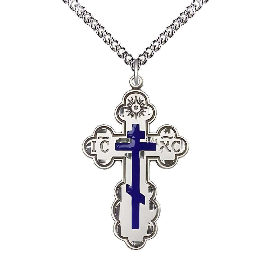 Bliss St. Olga Blue Cross Sterling Silver Medal Necklace with Sterling Silver Heavy Curb Chain, 1 3/8-inch tall,