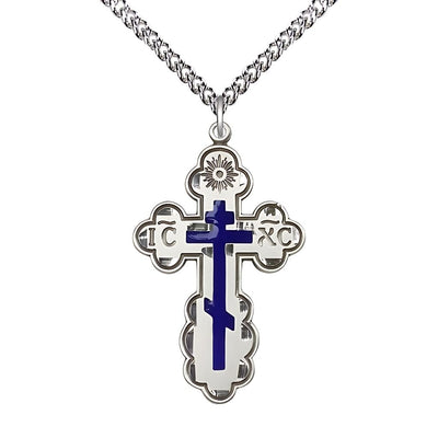 St. Olga Blue Cross Sterling Silver Medal Necklace with Sterling Silver Heavy Curb Chain, 1 3/8-inch tall, Bliss Manufacturing
