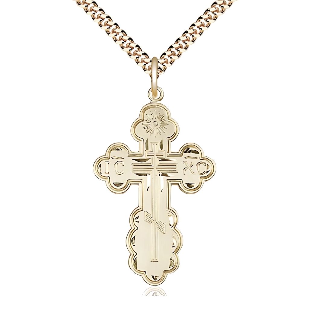 Bliss St. Olga Cross 14kt Gold-filled Medal Necklace with Gold-plated Heavy Curb Chain, 1 3/8-inch tall,