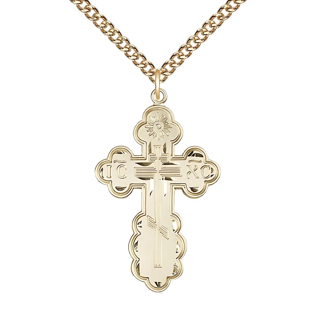 Bliss St. Olga Cross 14kt Gold-filled Medal Necklace with Gold-filled Heavy Curb Chain, 1 3/8-inch tall,