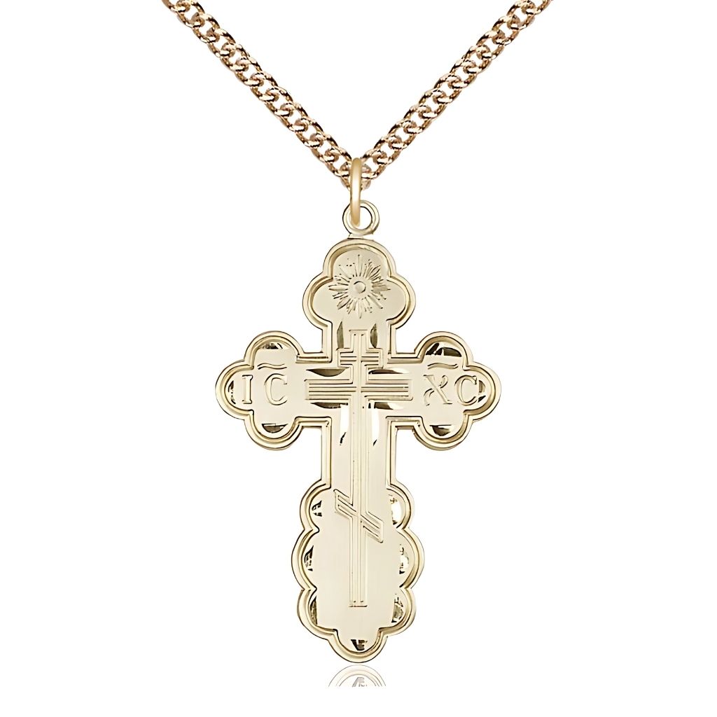Bliss St. Olga Cross 14kt Gold Medal Necklace with 14kt Gold Heavy Curb Chain, 1 3/8-inch tall,