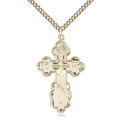 St. Olga Cross 14kt Gold Medal Necklace with 14kt Gold Heavy Curb Chain, 1 3/8-inch tall, Bliss Manufacturing