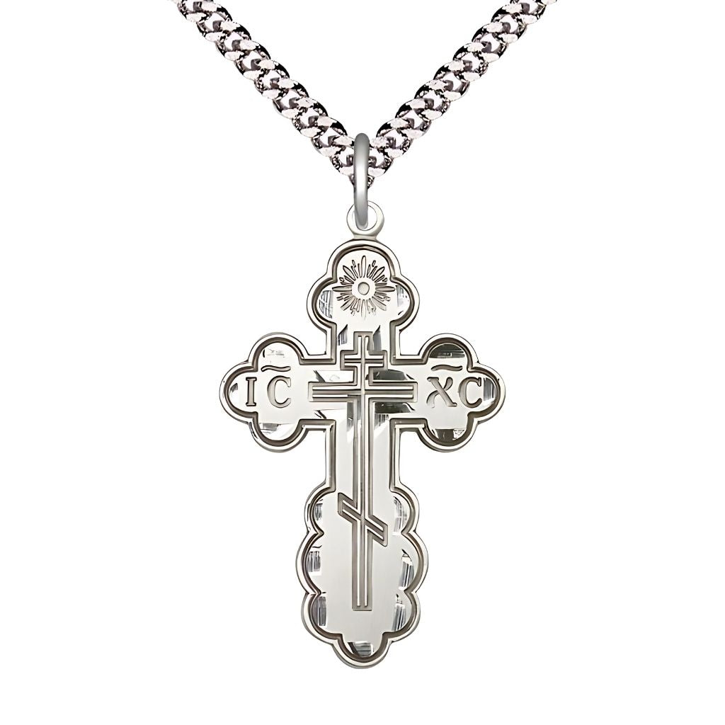 Bliss St. Olga Cross Sterling Silver Medal Necklace with Rhodium-plated Heavy Curb Chain, 1 3/8-inch tall,