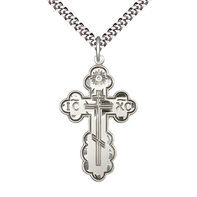 St. Olga Cross Sterling Silver Medal Necklace with Rhodium-plated Heavy Curb Chain, 1 3/8-inch tall, Bliss Manufacturing