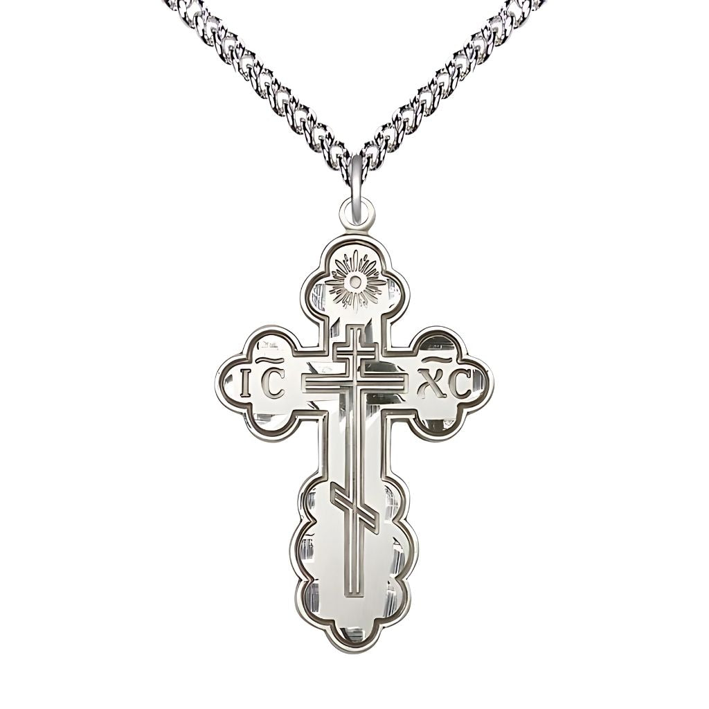 Bliss St. Olga Cross Sterling Silver Medal Necklace with Sterling Silver Heavy Curb Chain, 1 3/8-inch tall,