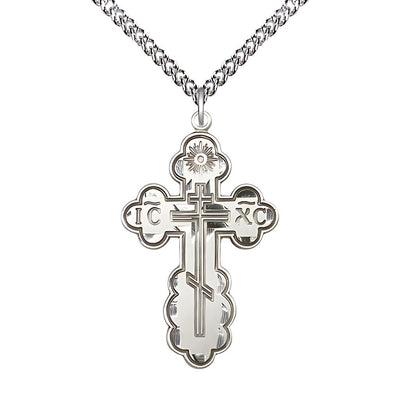 St. Olga Cross Sterling Silver Medal Necklace with Sterling Silver Heavy Curb Chain, 1 3/8-inch tall, Bliss Manufacturing