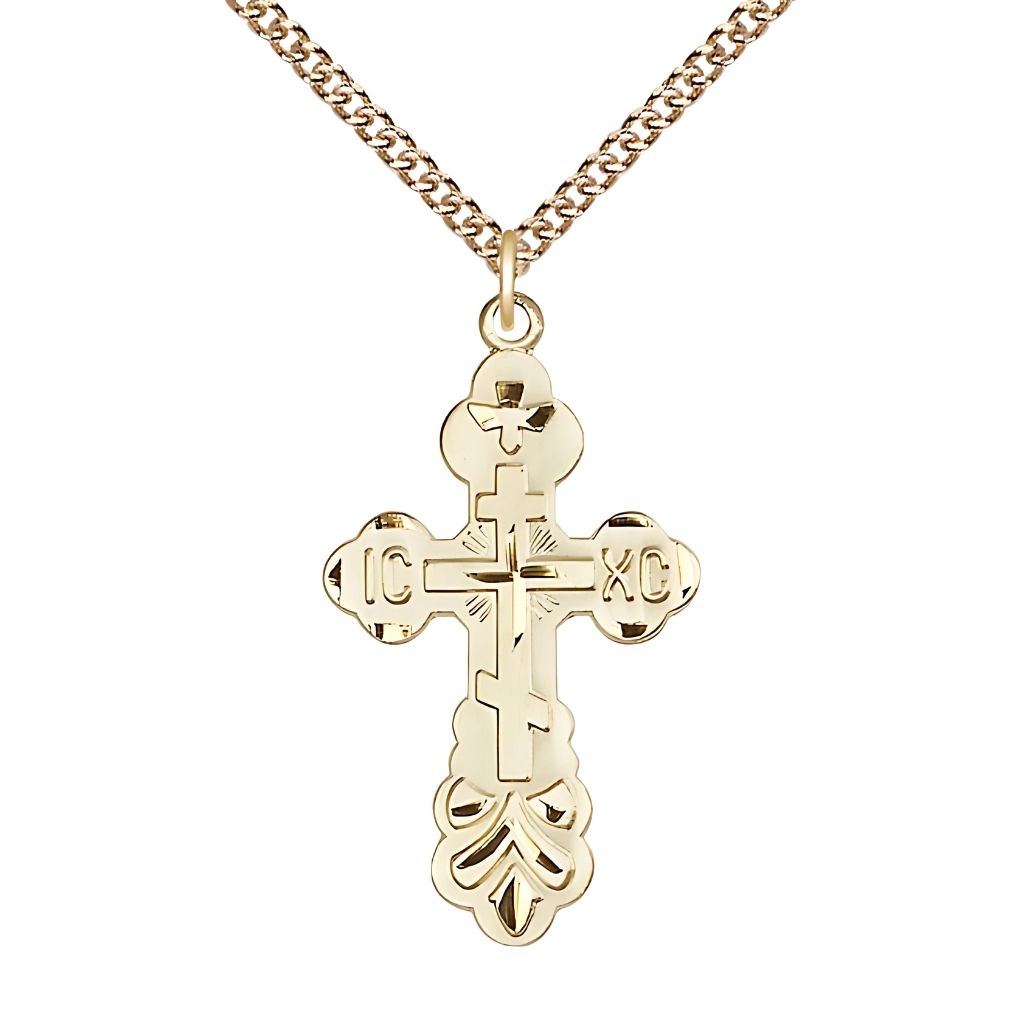 Bliss St. Xenia Orthodox Cross 14kt Gold Cross 14kt Gold Curb Chain, 1 3/8-inch tall,