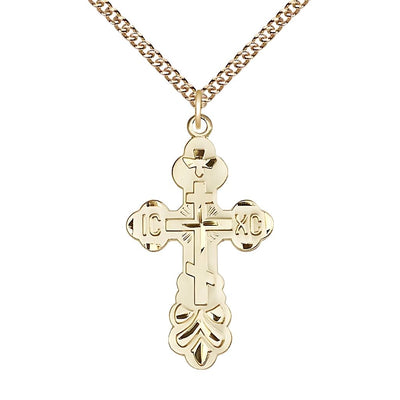 St. Xenia Orthodox Cross 14kt Gold Cross 14kt Gold Curb Chain, 1 3/8-inch tall, Bliss Manufacturing