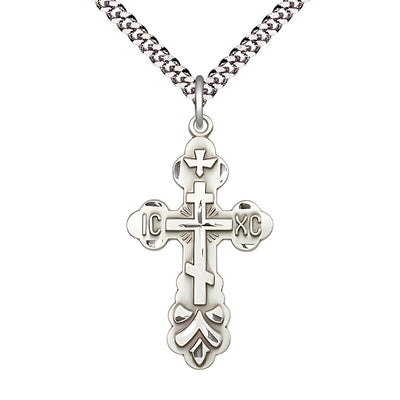 St. Xenia Orthodox Cross Sterling Silver Cross Rhodium-plated Heavy Curb Chain, 1 3/8-inch tall, Bliss Manufacturing