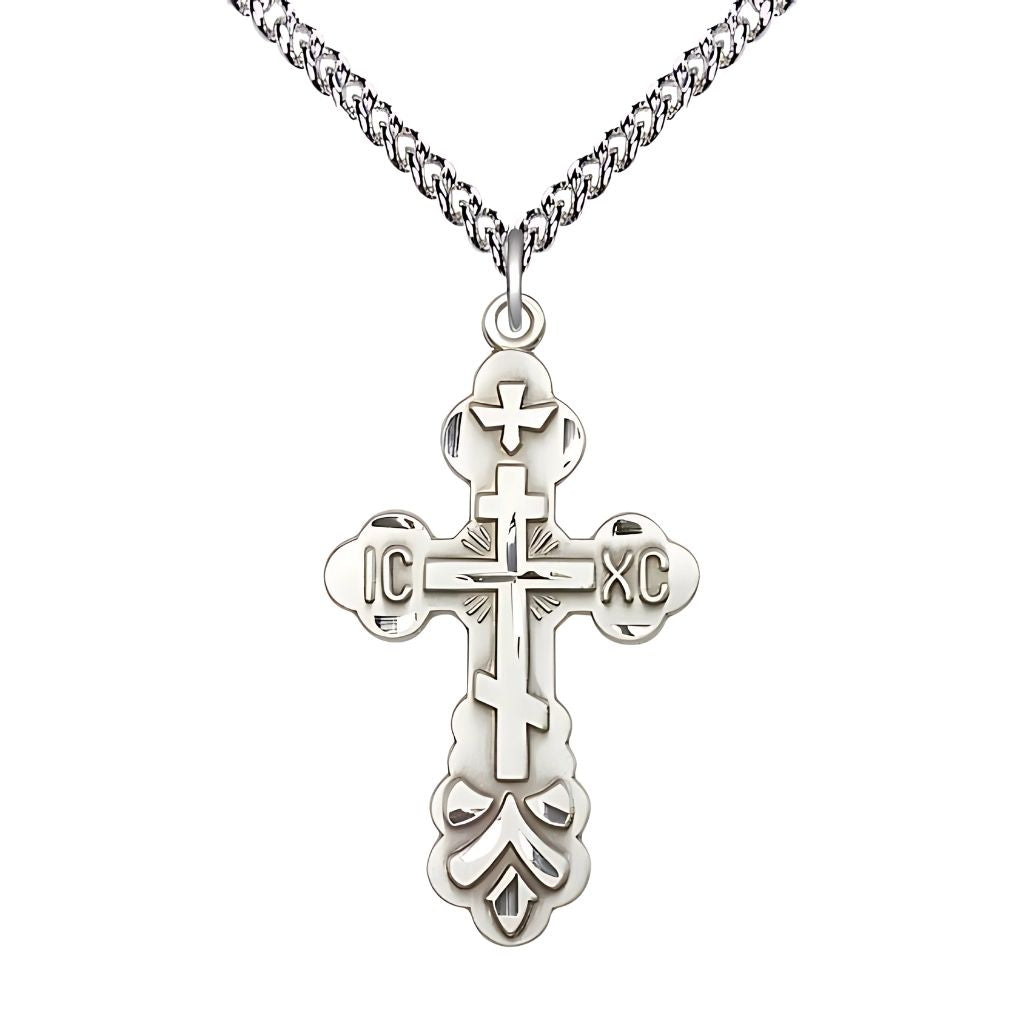 Bliss St. Xenia Orthodox Cross Sterling Silver Cross Sterling Silver Heavy Curb Chain, 1 3/8-inch tall,