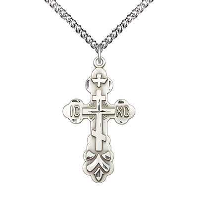 St. Xenia Orthodox Cross Sterling Silver Cross Sterling Silver Heavy Curb Chain, 1 3/8-inch tall, Bliss Manufacturing