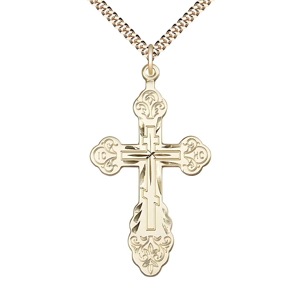 Bliss 14kt Gold-filled Vladimir Cross Necklace with Gold-plated Heavy Curb Chain, 1 7/8-inch tall by 1-inch wide,
