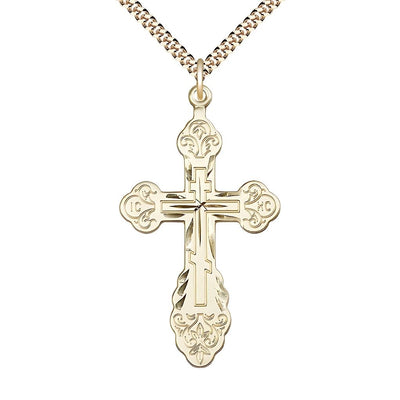 14kt Gold-filled Vladimir Cross Necklace with Gold-plated Heavy Curb Chain, 1 7/8-inch tall by 1-inch wide, Bliss Manufacturing