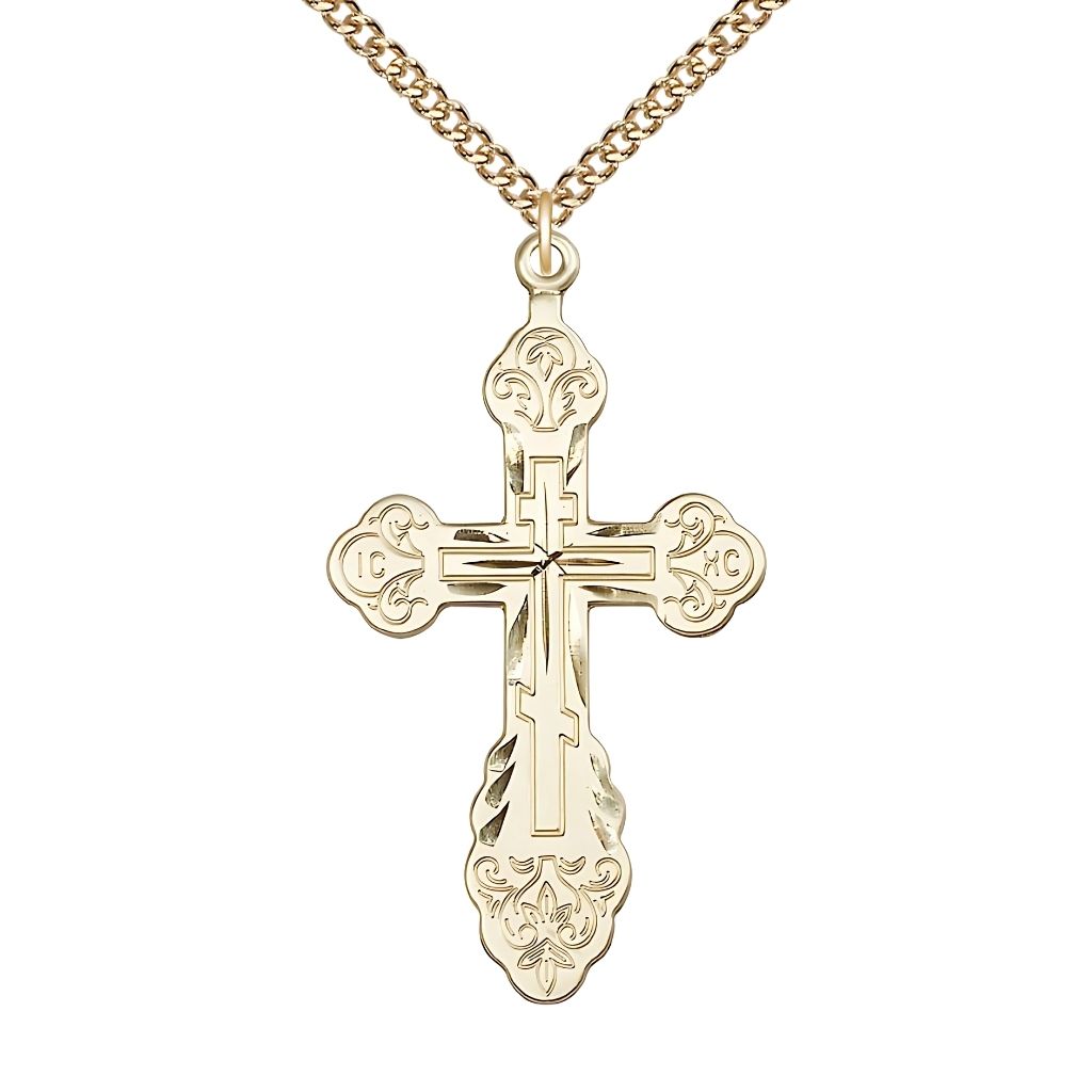 Bliss 14kt Gold-filled Vladimir Cross Necklace with Gold-filled Heavy Curb Chain, 1 7/8-inch tall by 1-inch wide,