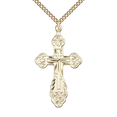 14kt Gold-filled Vladimir Cross Necklace with Gold-filled Heavy Curb Chain, 1 7/8-inch tall by 1-inch wide, Bliss Manufacturing