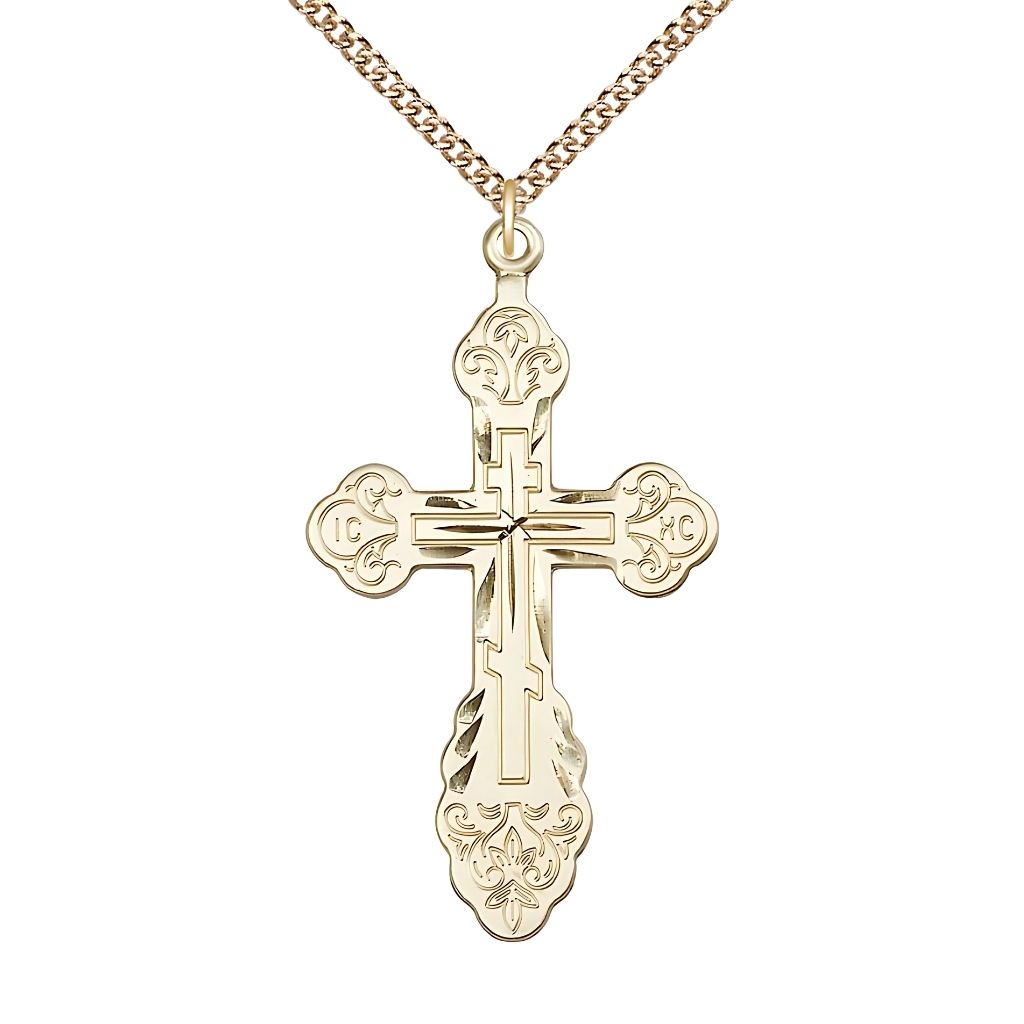 Bliss 14kt Gold Vladimir Cross Necklace with 14kt Gold Heavy Curb Chain, 1 7/8-inch tall by 1-inch wide,