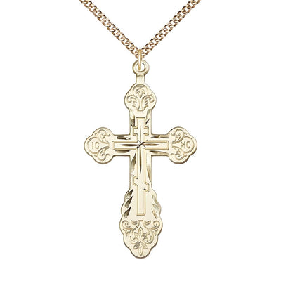 14kt Gold Vladimir Cross Necklace with 14kt Gold Heavy Curb Chain, 1 7/8-inch tall by 1-inch wide, Bliss Manufacturing