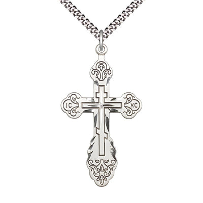 Sterling Silver Vladimir Cross Necklace with Rhodium-plated Heavy Curb Chain, 1 7/8-inch tall by 1-inch wide, Bliss Manufacturing