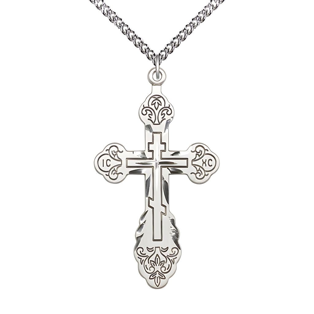 Bliss Sterling Silver Vladimir Cross Necklace with Sterling Silver Heavy Curb Chain, 1 7/8-inch tall by 1-inch wide,